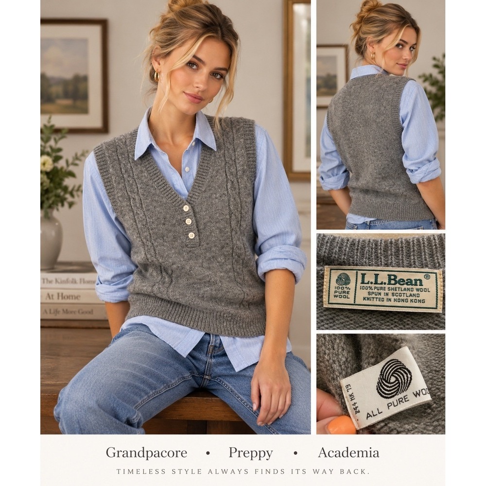 LL Bean Vintage Scotland Shetland Wool Cable Knit Sweater Vest Gray Size L SONY
